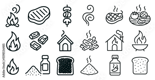 Collection of food-related icons, such as a house, a fire, and a bottle of ketchup