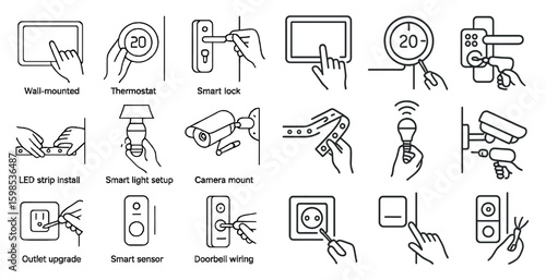 Series of icons depicting various home security devices and smart home technology. The icons include a smart lock, a smart thermostat, a smart camera, and a smart light