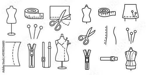 Collection of fashion items including a tape measure, scissors, and pins. Concept of creativity and craftsmanship, as these tools are essential for creating and altering clothing