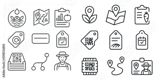 Series of icons including a map, a check mark, a QR code, and a person wearing a hat