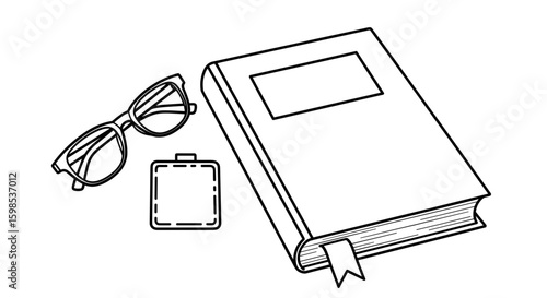 Closed book with reading glasses and a bookmark, black and white illustration, minimalist design, copy space