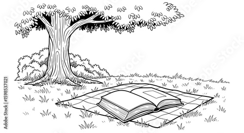 Open book resting on a picnic blanket under a tree, black and white illustration, serene outdoor setting, copy space