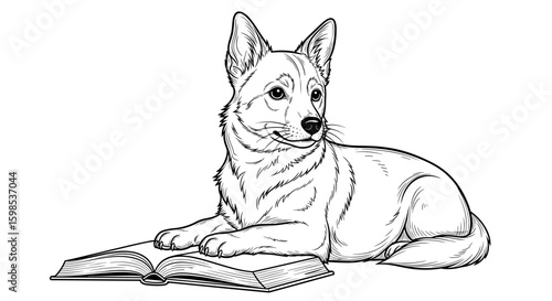 Corgi lying beside an open book, black and white illustration, whimsical design, copy space