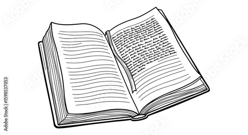 Open book with text pages, black and white illustration, minimalist design, copy space