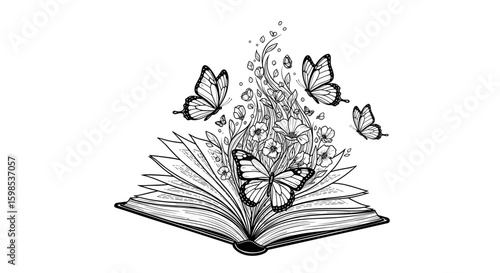 Butterflies and flowers bursting from an open book, black and white illustration, whimsical design, copy space