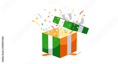 Isometric gift box with green and orange stripes and confetti floating up