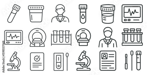 Set of medical icons and symbols. The icons include a stethoscope, a syringe, a thermometer, a blood pressure cuff, and a hospital bed. Scene is serious and professional