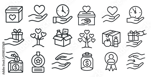 Collection of symbols that represent giving and charity. The symbols include a heart, a box, a tree, a clock, and a bottle