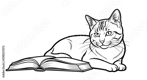 Content cat resting beside an open book, black and white illustration, whimsical design, copy space