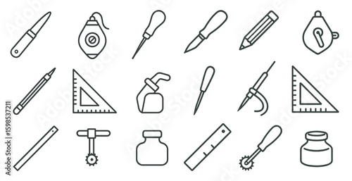 Collection of tools and measuring instruments. Concept of precision and accuracy, as the various tools are all lined up in a neat and orderly fashion. The use of a ruler