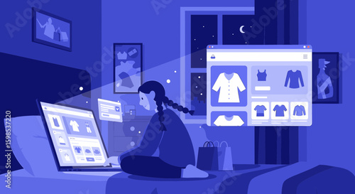 Woman shopping online in bed at night with laptop and clothing website
