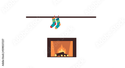 Two christmas stockings hanging above a lit fireplace with logs inside it