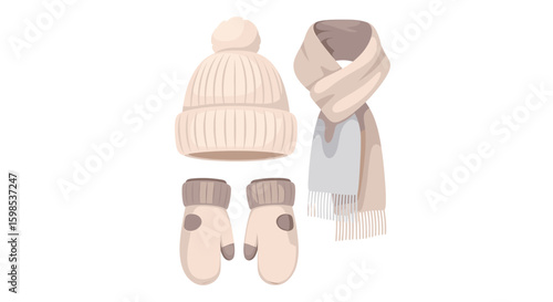Illustration of a winter set including a hat scarf and pair of mittens