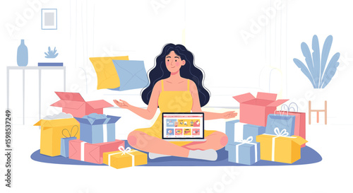 Woman sitting cross legged with laptop surrounded by gift boxes indoors