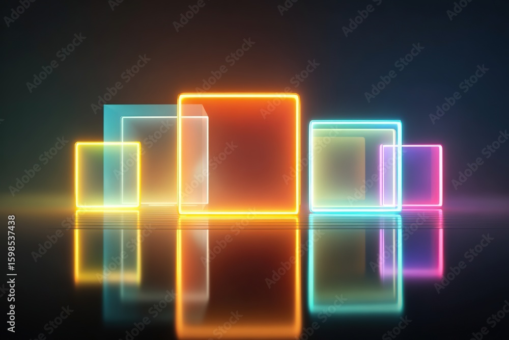 Neon shapes create a futuristic design with glowing reflections in a dark environment Neon shapes create a futuristic design with glowing reflections in a dark environment