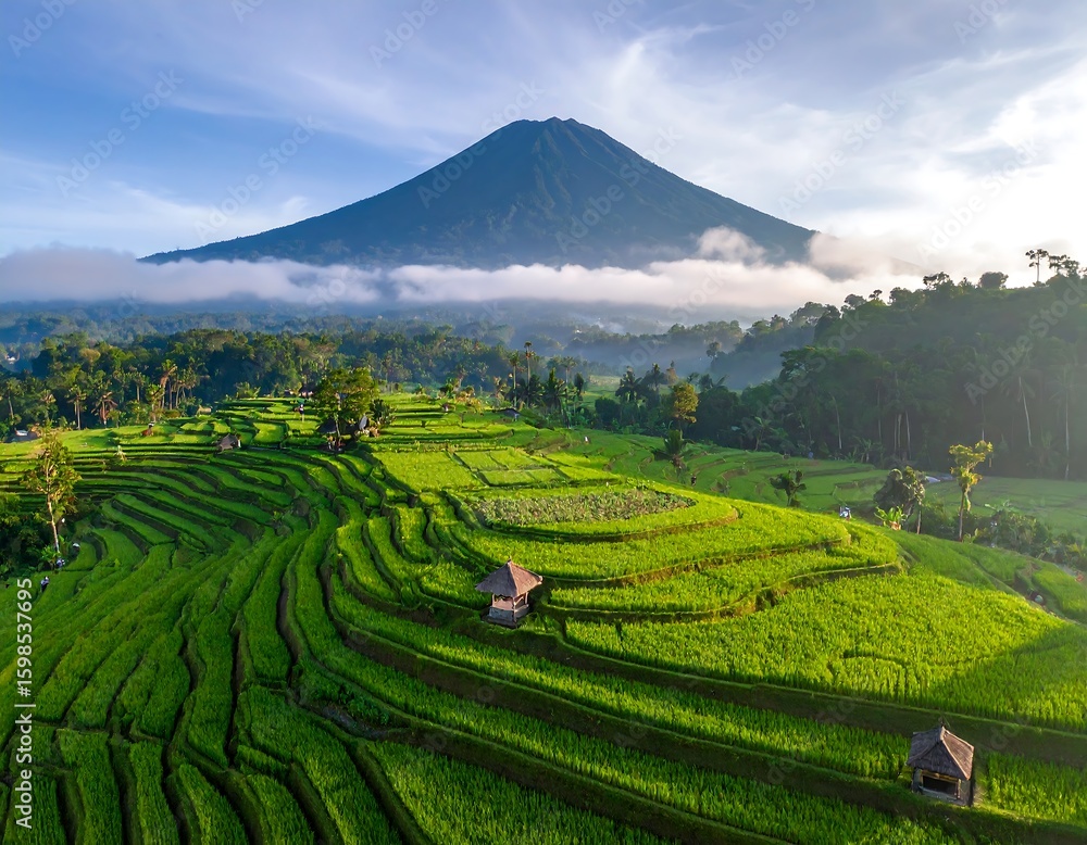 Obraz premium Lush terraced rice paddies with volcanic mountain