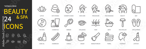 Beauty & spa icon set. Lotus, hot stones, mask, skin, face massage, self care,mat, cosmetics, hair, bath, hairbrush, candle, cream, towel, harmony, lipstick, etc. Editable stroke, vector illustration.