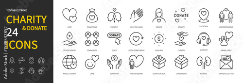 Charity & donate icon set. Love, donations, empathy, helping hand, donor, click, cash aid, support, animal help, care, volunteering, box, grateful letter, etc. Vector illustration. Editable stroke.