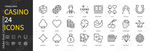 Casino icon set. Gambling, dice, chip, croupier, suits, clubs, hearts, money, luck, joker, diamonds, spades, domino, game cards, jackpot, roulette, etc. Vector illustration. Editable stroke.