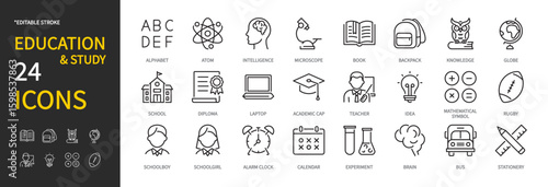 Education & study icon set. Alphabet, microscope, book, backpack, knowledge, school, laptop, academic cap, teacher, student, alarm clock, bus, stationery, etc. Editable stroke, vector illustration.