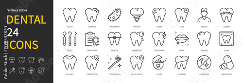 Dental icon set. Dentistry, stomatology, tooth, bacterium, implant, caries, dentist, braces, diagnostic, toothache, smile, x-ray, toothbrush, decay, floss, etc. Vector illustration. Editable stroke.