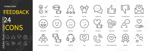Feedback icon set. Review, evaluate, rating, comments, thumbs up, thumbs down,excellent, good, bad, emotions, thinking, positive, collective opinion, like, etc. Vector illustration. Editable stroke.