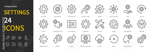 Settings icon set. Processing, optimization, repair, configuration, gear, update, setup, adjustment, cogwheel, options, modifications, import, export, reset, etc. Vector illustration. Editable stroke.