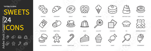 Sweets food icon set. Cookies, croissant, cake, jelly, chocolate, pie, ice cream, candy, donut, cupcake, lollipop, pancakes, crackers, buns, bagel, macaroon, etc. Editable stroke, vector illustration.