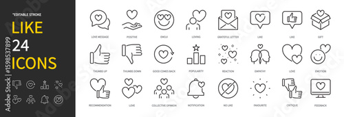 Like icon set. Love message, positive, emoji, like, thumbs up, thumbs down, popularity, emotion, recommendation, notification, favourite, critique, feedback, etc. Vector illustration. Editable stroke.