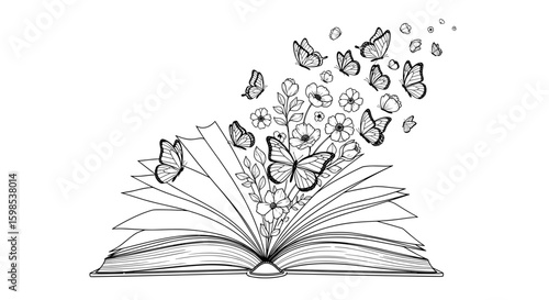 Butterflies and flowers emerging from an open book, black and white illustration, whimsical design, copy space