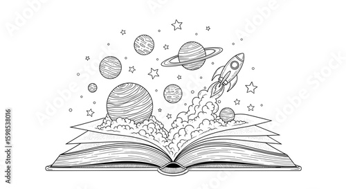 Rocket launching into space with planets and stars from an open book, black and white illustration, whimsical design, copy space
