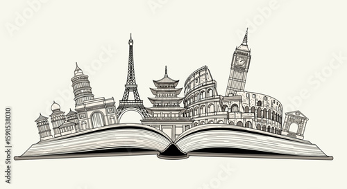 Famous landmarks rising from an open book, beige background, black and white illustration, whimsical design, copy space