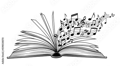 Notes flowing from an open book, black and white illustration, whimsical design, copy space