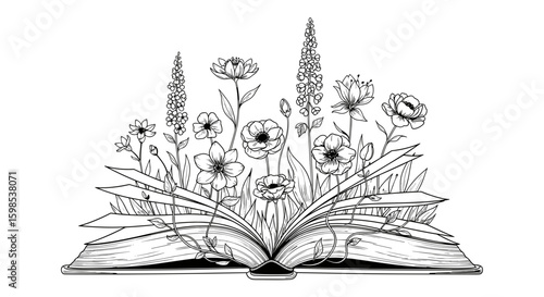 Open book with tall flowers and plants sprouting out, black and white illustration, whimsical design, copy space