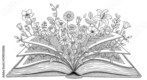 Open book with blooming flowers and plants, black and white illustration, whimsical design, copy space
