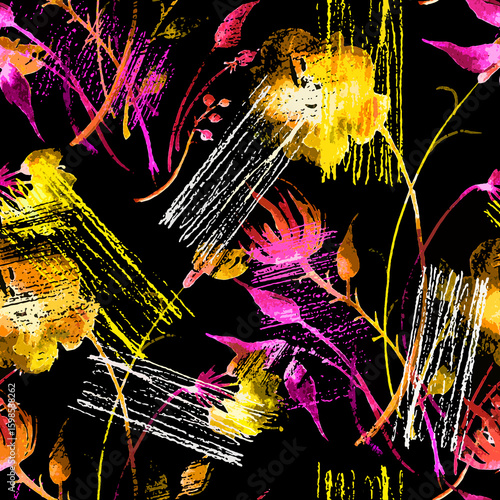 Watercolor seamless pattern, background with a floral pattern. aster, poppy, cornflower,pansies, viola, field or garden flowers. A blurred silhouette of fairy-tale herbs and flowers in the forest.