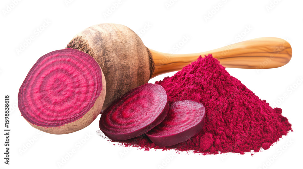 Dried beet root powder in wooden spoon on white background Dried beet root powder in wooden spoon on white background