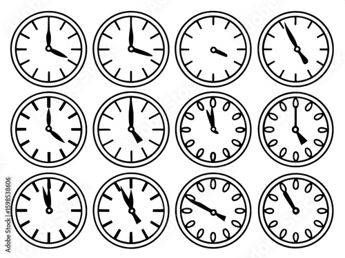 A set of twelve digital-style clock faces displaying different times, each rendered in a simple black segmented font. The clocks are aligned in a neat 4x3 grid with no additional icons or context. The