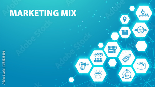 Marketing mix banner web icon for business and marketing, price, place, promotion, product, people and physical environment. Minimal vector infographic.