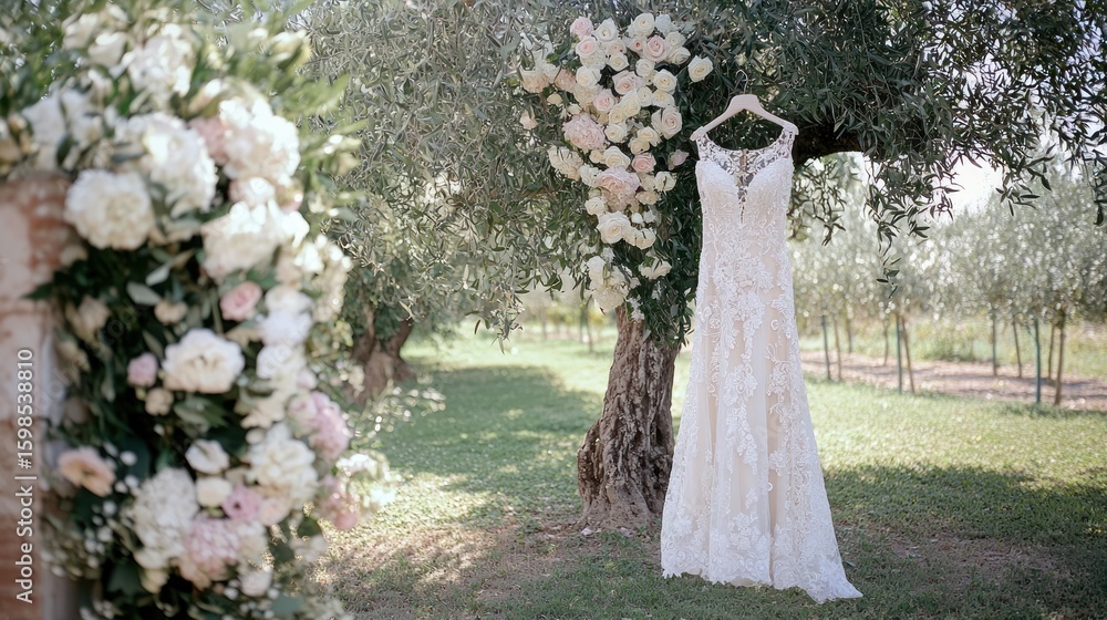 Elegant wedding dress hanging from a branch under a tree amidst floral arrangements. Elegant wedding dress hanging from a branch under a tree amidst floral arrangements.