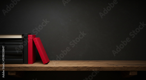 Books on Rustic Wooden Shelf Against Dark Wall Red Accents.