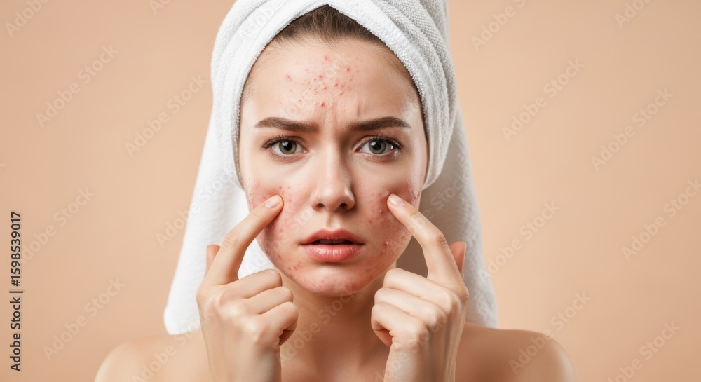 A young woman with acne on her face wearing a towel on her head points to her blemishes with a worried expression A young woman with acne on her face wearing a towel on her head points to her blemishes with a worried expression