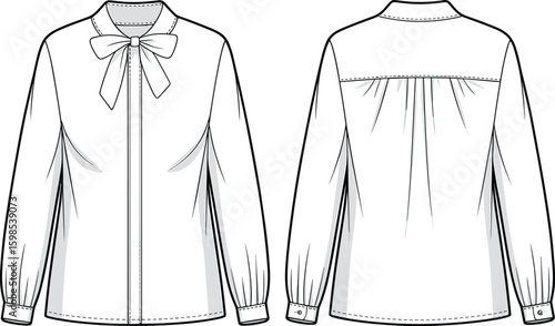 Fashion illustration of elegant long-sleeve blouse, bow tie collar, front and back views, stylish garment sketch, versatile formal wear