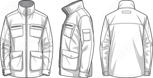 Fashion illustration of technical jacket design, front, side, and back views, stylish garment mockup, zipper pocket details, outerwear reference
