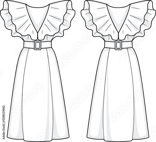 Fashion illustration showcasing elegant women's summer dresses with ruffled necklines and belts, stylish trendy apparel design, garment art drawing