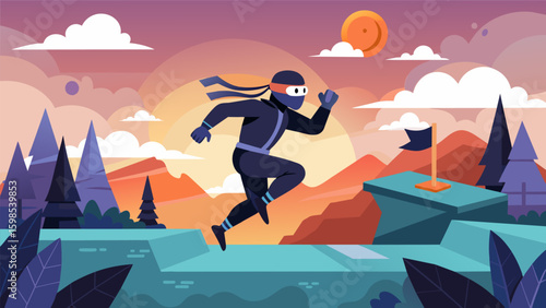 A highintensity VR ninja course pushes your endurance with fastpaced jumps crawls and sprints through a rugged wilderness.. Vector illustration