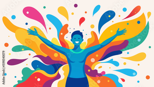 A colorful ink wash painting showing a figure with outstretched arms and a smile surrounded by vibrant hues and abstract shapes representing the joy. Vector illustration