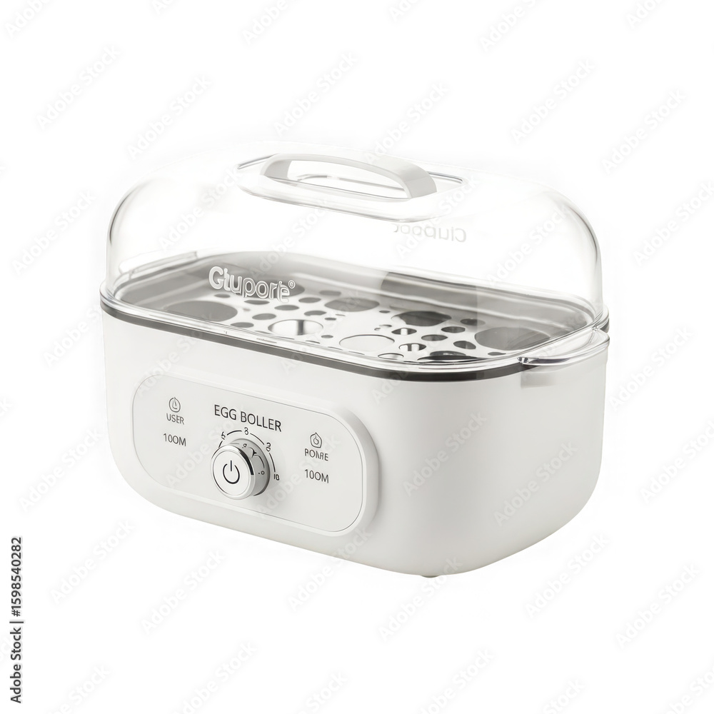 Fototapeta premium White electric multi functional egg cooker with transparent lid isolated on transparent background