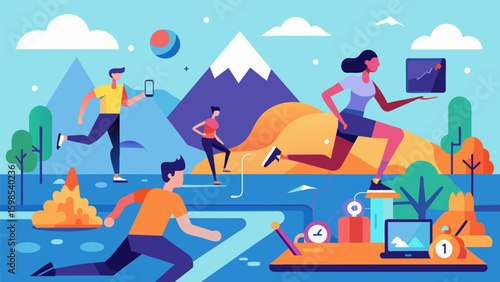 A fastpaced everchanging virtual world with users completing HIIT exercises as they traverse through different landscapes and environments.. Vector illustration