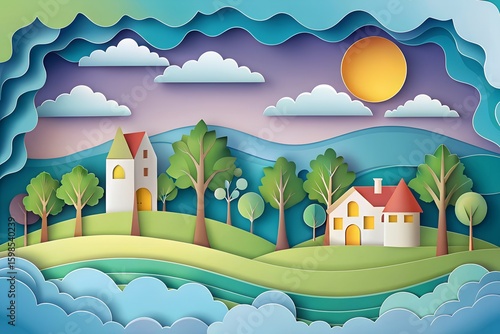 Layered Paper Cutout Vector Art – Colorful Handcrafted Scene with Subtle Shadows